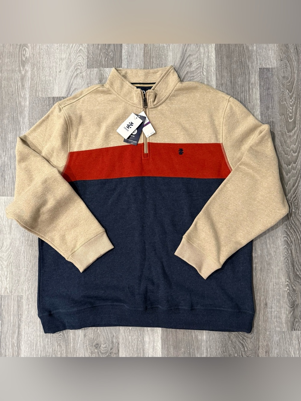 Izod Colorblock Quarter-Zip Sweater in Beige, Rust & Navy